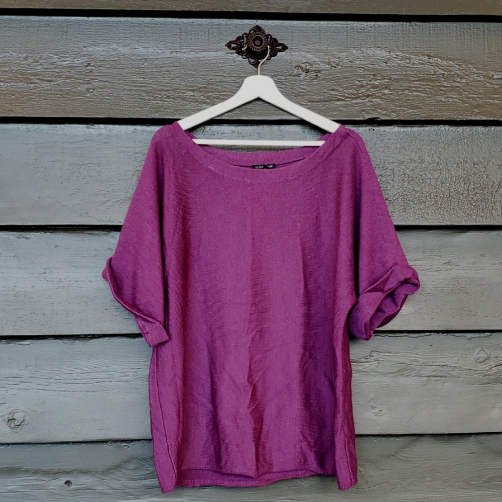 EILEEN FISHER Purple Merino Wool Bateau Neck Cuffed Short Sleeve Sweater sz L